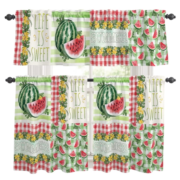 Summer Watermelon Kitchen Curtains Set for Windows, Rustic Flowers Fruit Curtains Valance and Tier 3 Piece Set Small Drapes 24 Inch Length for Kitchen Bedroom Decor
