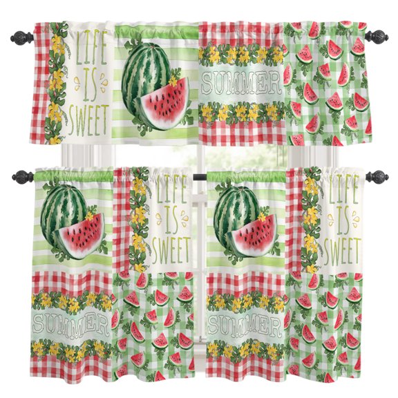 Summer Watermelon Kitchen Curtains Set for Windows, Rustic Flowers Fruit Curtains Valance and Tier 3 Piece Set Small Drapes 36 Inch Length for Kitchen Bedroom Decor