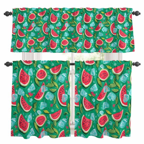 Summer Watermelon Kitchen Curtains Sets for Windows 24 Inch Length, Green Tropical Ice Cubes Cartoon Rod Pocket Window Treatments Tier Curtains and Valances Set for Bedroom/Bathroom