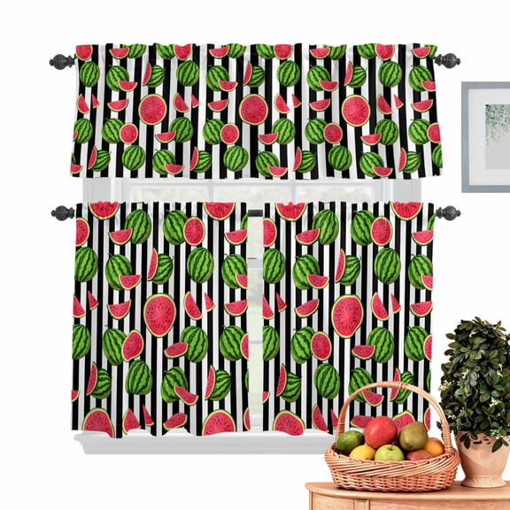 Summer Watermelon Kitchen Curtains Valances 3 Piece Set, Black Stripes Rod Pocket Tier Curtain and Valance Drapes for Small Window 24 Inch Length for Bedroom Cafe