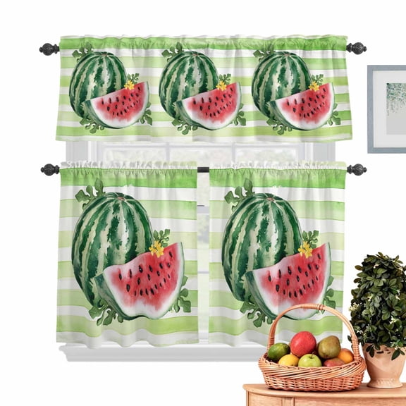 Summer Watermelon Kitchen Curtains Valances 3 Piece Set, Green Stripes Rod Pocket Tier Curtain and Valance Drapes for Small Window 24 Inch Length for Bedroom Cafe