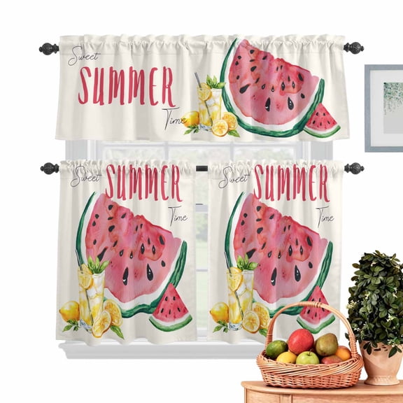 Summer Watermelon Kitchen Curtains Valances 3 Piece Set, Lemon Juice Rod Pocket Tier Curtain and Valance Drapes for Small Window 24 Inch Length for Bedroom Cafe