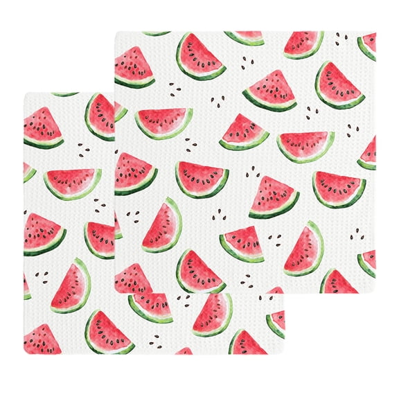 Summer Watermelon Kitchen Dish Towels for Drying Dishes Set of 2, Modern Tropical Fruit Watercolor Waffle Weave Microfiber Hand Tea Bathroom Towels Quick Dry & Absorbent Towel 12x12