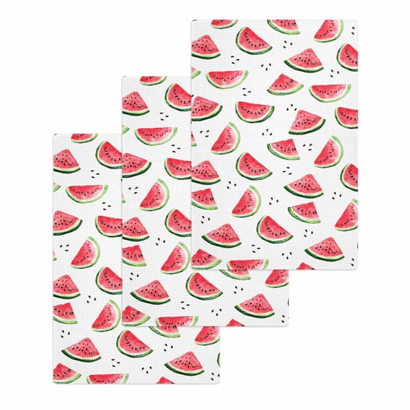 Summer Watermelon Kitchen Dish Towels for Drying Dishes Set of 3, Modern Tropical Fruit Watercolor Waffle Weave Microfiber Hand Tea Bathroom Towels Quick Dry & Absorbent Towel 15.7x23.6