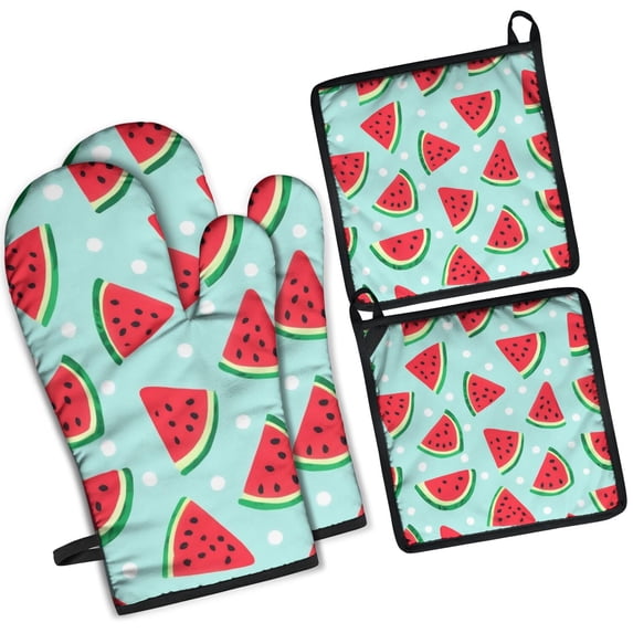 Summer Watermelon Kitchen Oven Mitt and Pot Holder Sets 4 Pcs for Baking, Cooking and Grilling, Heat Resistant Up To 392 °F