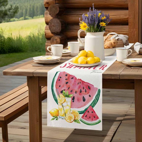 Summer Watermelon Lemon Juice Table Runner 60 Inch Long Retro Watercolor Rustic Fruits Table Runners Linen Burlap Tablerunner for Kitchen Dining Room Holiday Party