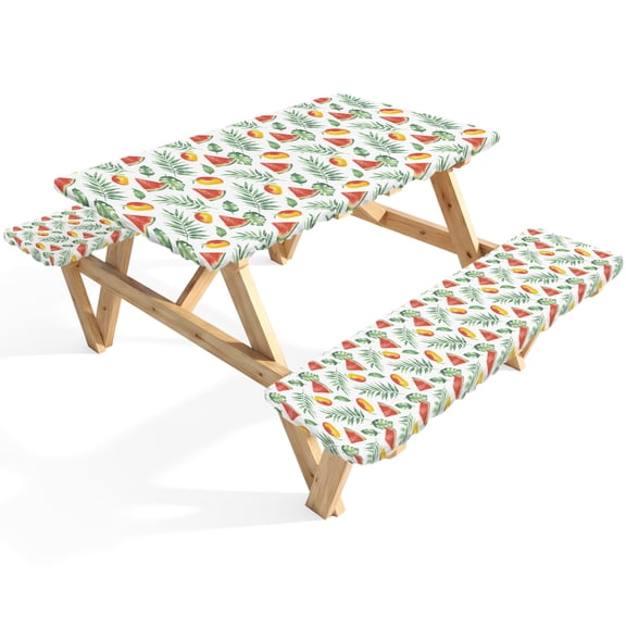 Summer Watermelon Mango Picnic Table Cover with Bench Covers Tropical Plants Green Leaf Waterproof Fitted Picnic Tablecloth 3 Pieces Set Table Cloth for Outdoor Camping Garden BBQ
