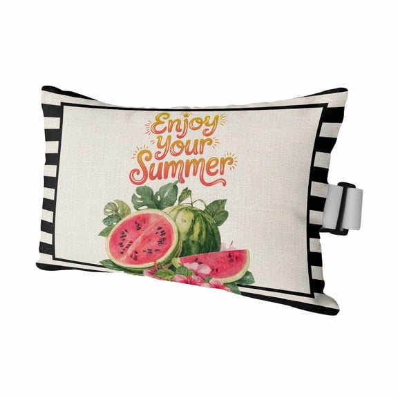 Summer Watermelon Outdoor Pillows for Chaise Lounge Chair Waterproof Lumbar Pillows with Insert&Adjustable Elastic Strap Beach Headrest Pillow Black Striped Farmhouse Pillow for Patio Pool 11"x16"