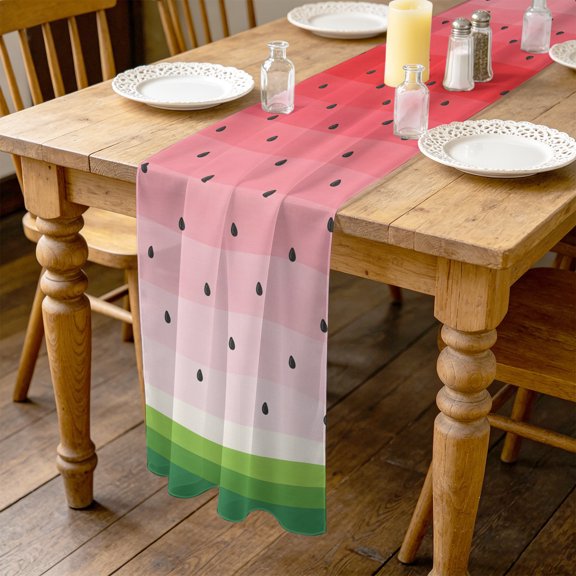 Summer Watermelon Pattern 4.5ft Cheesecloth Table Runner for Wedding 19"x55", Fruit Red Green Black Stripe Waves Kitchen Dinner Sheer Tulle Chiffon Dresser Scarf, Holiday Party Decorations