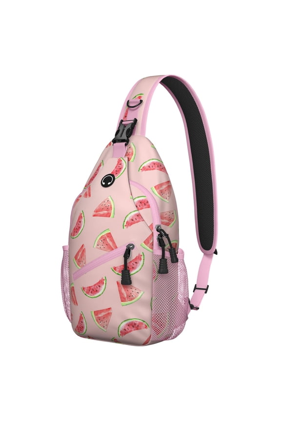 Summer Watermelon Pattern Sling Backpack, Lightweight Crossbody Bag with Cute Tropical Fruit Print, Durable Design with Multi-Layer Storage for Travel and Outdoor Activities