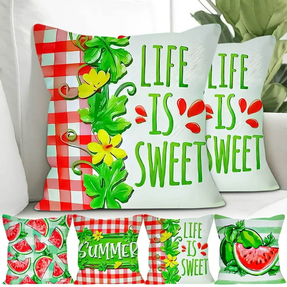 Summer Watermelon Pillow Covers 18x18 Inch Set of 1 Seasonal Red and Green Plaid Outdoor Decorative Throw Pillows Rustic Farmhouse Holiday Pillowcases for Bed Couch Bedding Sofa