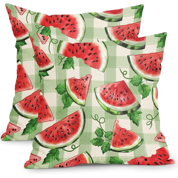 Summer Watermelon Pillow Covers 18x18 Inch Set of 2 Seasonal Red and Green Plaid Outdoor Decorative Throw Pillows Rustic Farmhouse Holiday Pillowcases for Bed Couch