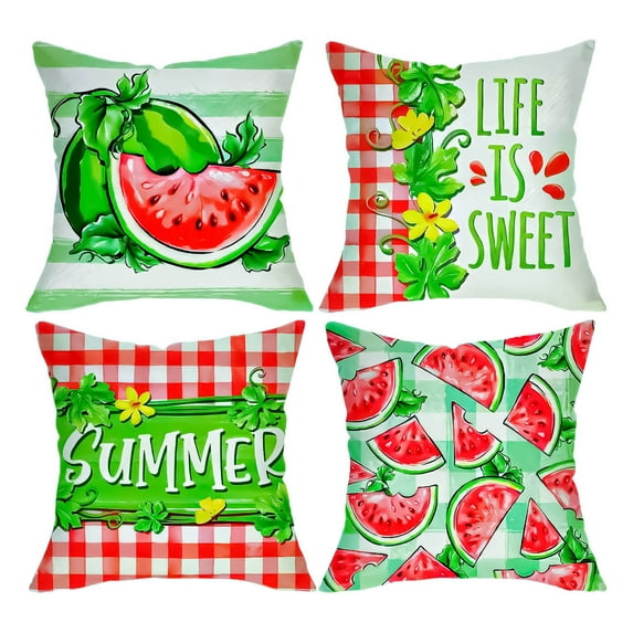 Summer Watermelon Pillow Covers 18x18 Inch Set of 4 Seasonal Red and Green Plaid Outdoor Decorative Throw Pillows Rustic Farmhouse Holiday Pillowcases for Bed Couch Bedding Sofa