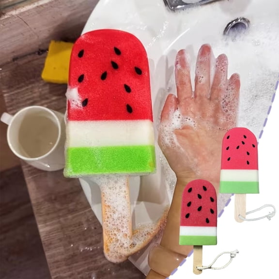 Summer Watermelon Popsicle-Shaped Bath Sponge, Cleaning Sponge for Dishes/Cups/Kitchen, Soft Absorbent Stain-Removing Tool, Cute Fruit-Shaped Sponge for Bath and Household Cleaning, 6*3.5in, B