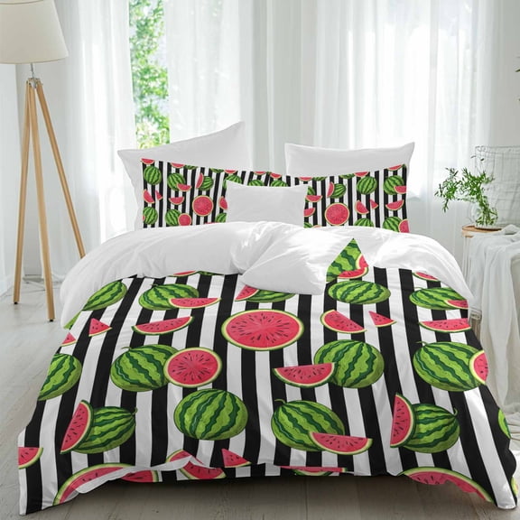 Summer Watermelon Queen Size Comforter Set, Black Stripes Vintage Country Bedding for All Seasons, 4 Pcs Bed Set, 1Quiltcover (90"x92") ,1Sheet(94"x116"), 2Pillowcases (30"x20")