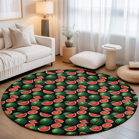 Summer Watermelon Round Rug 4Ft Tropical Country Farmhouse Green Red Fruit Slices Circle Area Rugs Washable Non Slip Indoor Floor Mats Carpet for Living Room Bedroom Dining Room Home Decor