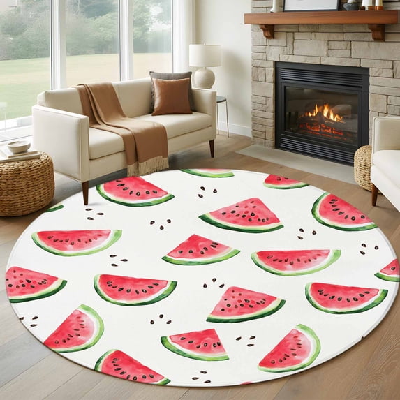 Summer Watermelon Round Rug 5ft Washable Circle Kitchen Rugs Non Slip Modern Tropical Fruit Watercolor Large Area Rug Indoor Floor Carpet for Bedroom Living Room Home Office Dining Room Nursery