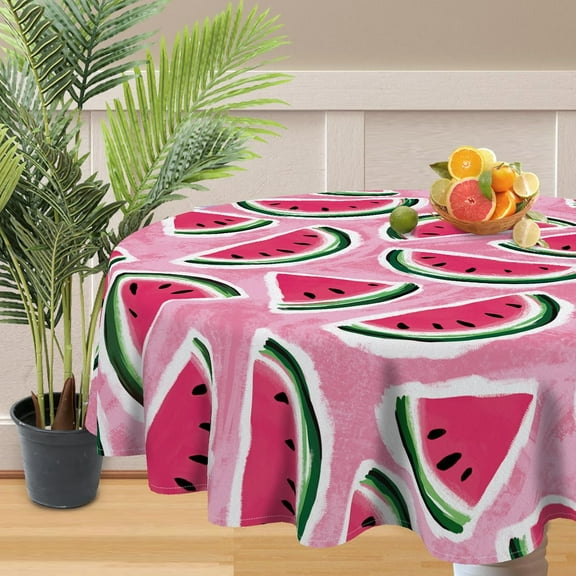 Summer Watermelon Round Tablecloth 60 x 60 Inch, Pink Melon Decorative Table Cloth Dining Table Cover, Seasonal Dinner Party Picnic Decoration