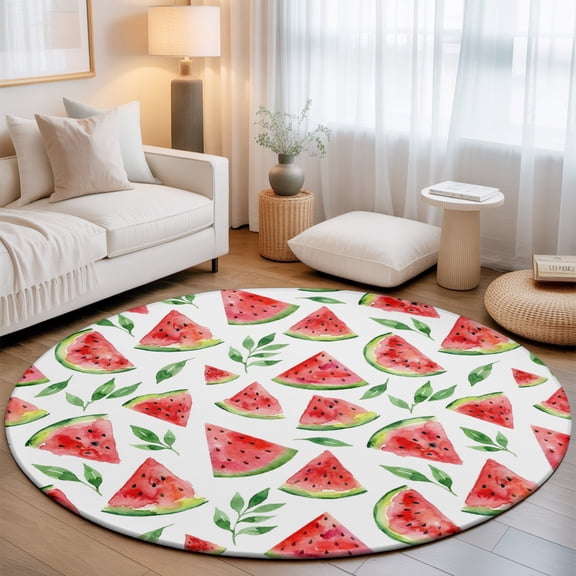 Summer Watermelon Seamless Round Rug 5ft Tropical Fruit Washable Area Rugs for Living Room Bedroom Entryway Non Slip Entrance Door Mat Indoor Floor Carpet