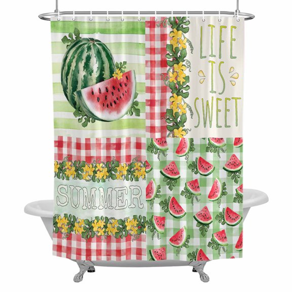 Summer Watermelon Shower Curtain for Bathroom, Rustic Flowers Fruit Waterproof Cloth Fabric Bathroom Accessories Set with 12 Rust Proof Plastic Hooks, 36"x72"