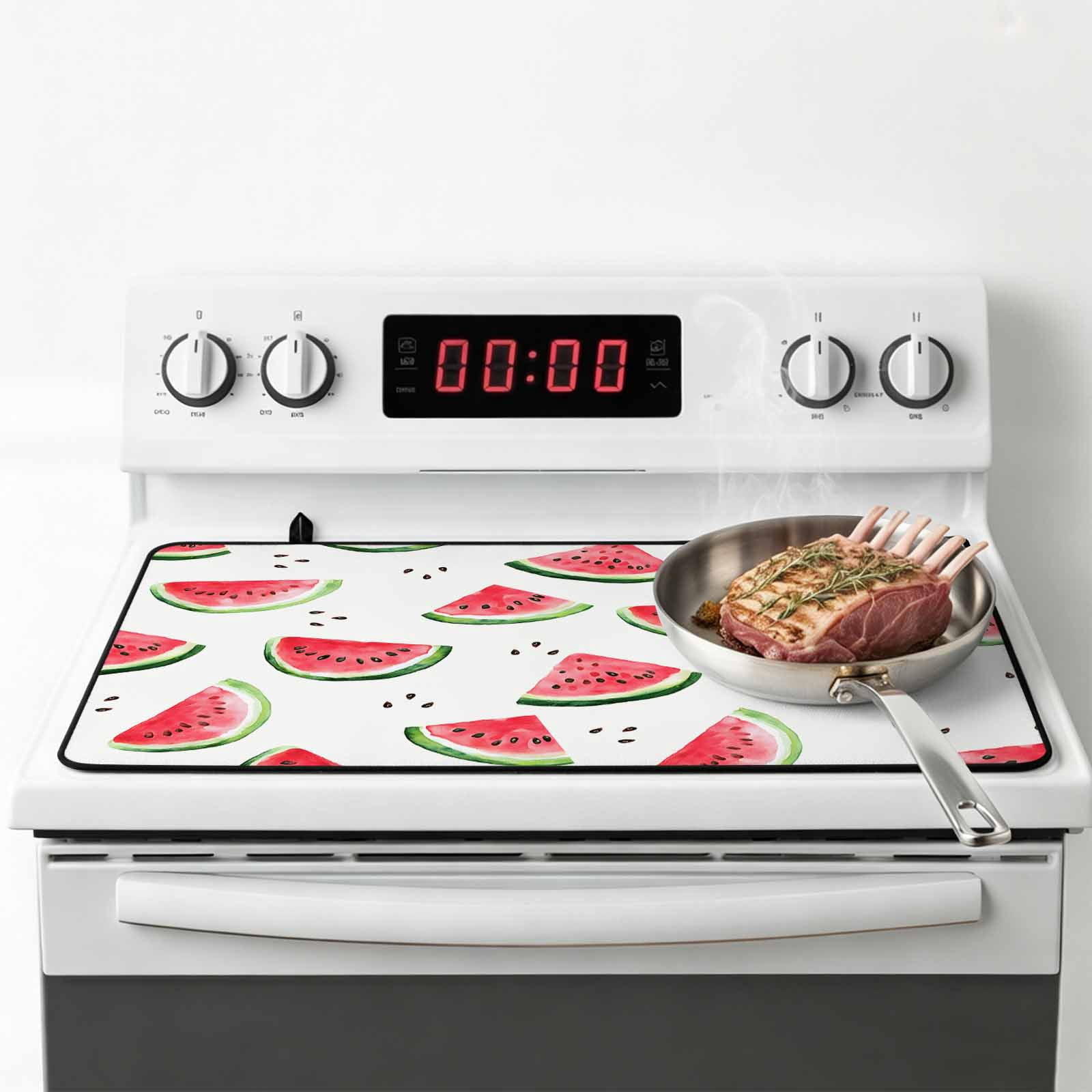 Summer Watermelon Stove Top Cover for Electric Stove, Heat-proof & Non Slip Glass Top Stove Cover Protector, Modern Tropical Fruit Watercolor Kitchen Flat Cooktop Rubber Mat 24x21 Inches
