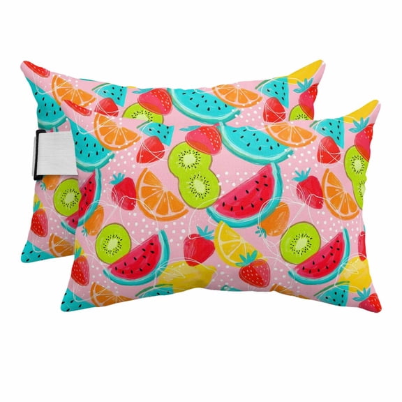 Summer Watermelon Strawberry Kiwi Outdoor Pillow for Chaise Lounge Chair,Farmhouse Fruit on Pink Waterproof Headrest Lumbar Pillows with Insert&Elastic Strap for Patio Pool Garden Chairs Decor,2 Pack