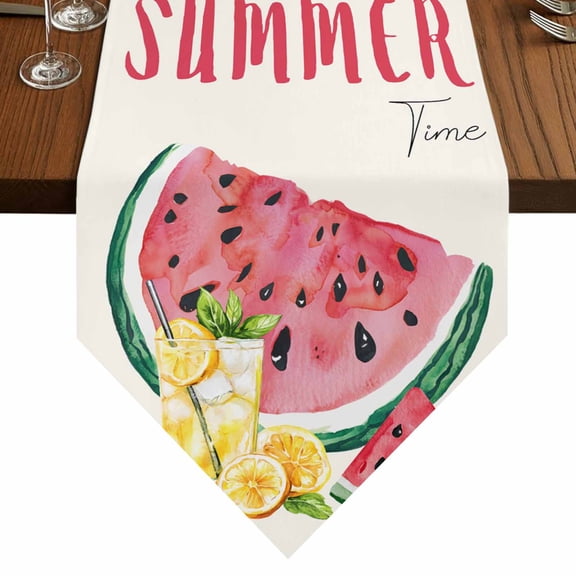Summer Watermelon Table Runner for Dining Room, Lemon Juice Cotton Linen Dining Table Runner Tablecloth Dresser Scarves for Kitchen Cafe 13x36 Inches Long
