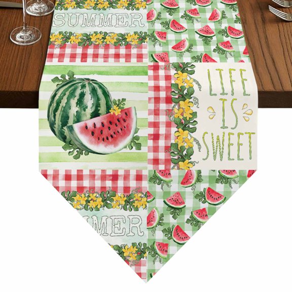 Summer Watermelon Table Runner for Dining Room, Rustic Flowers Fruit Cotton Linen Dining Table Runner Tablecloth Dresser Scarves for Kitchen Cafe 13x36 Inches Long
