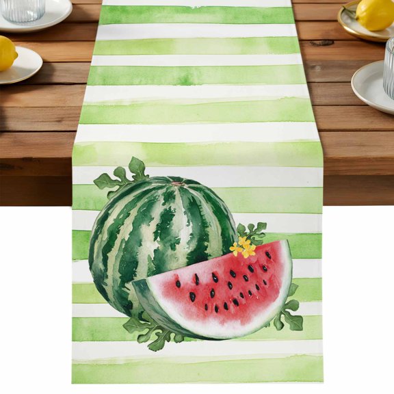 Summer Watermelon Table Runner, Green Stripes Cotton Linen Table Cloth, Watercolor Fruit Tablerunner for Kitchen Dining Party Wedding Home Decor 13x36 Inch