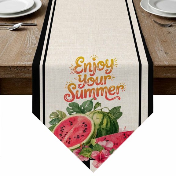 Summer Watermelon Table Runner Linen Burlap Table Runner 36 Inches Small Black Striped Farmhouse Dresser Scarves for Kitchen Island Coffee Dining Room Party Wedding Banquet Holiday Decoration 13"x36"