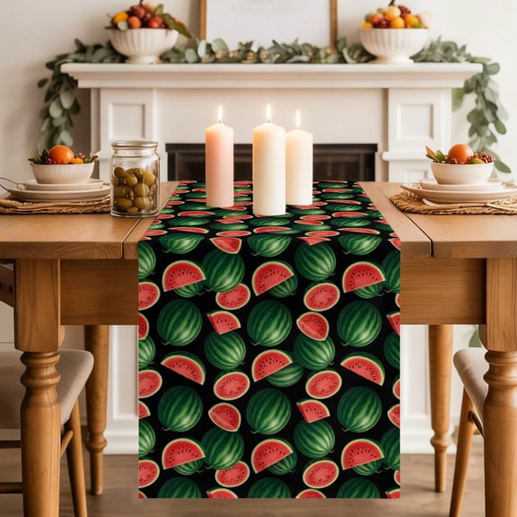 Summer Watermelon Table Runner, Tropical Country Farmhouse Green Red Fruit Slices Washable Cotton-linen Table Runners Dining Kitchen Decoration for Everyday Home Wedding Party Decor, 18 x72 Inch