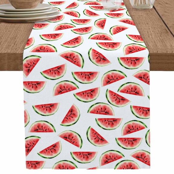Summer Watermelon on White Table Runner-36 Inch Long Watercolor Fruit Table Runners Linen Burlap Tablerunner for Kitchen Dining Room Holiday Party