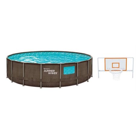 Summer Waves 18 ft Dark Double Rattan Crystal Vue Elite Frame Pool and Basketball Hoop Backboard and Rim