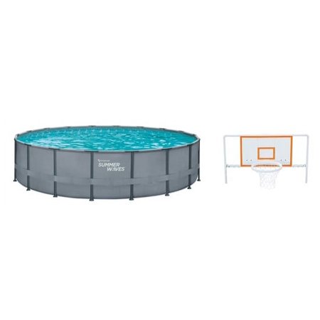 Summer Waves 18 ft Elite Frame Pool, Round, Cool Gray and Basketball Hoop Backboard and Rim