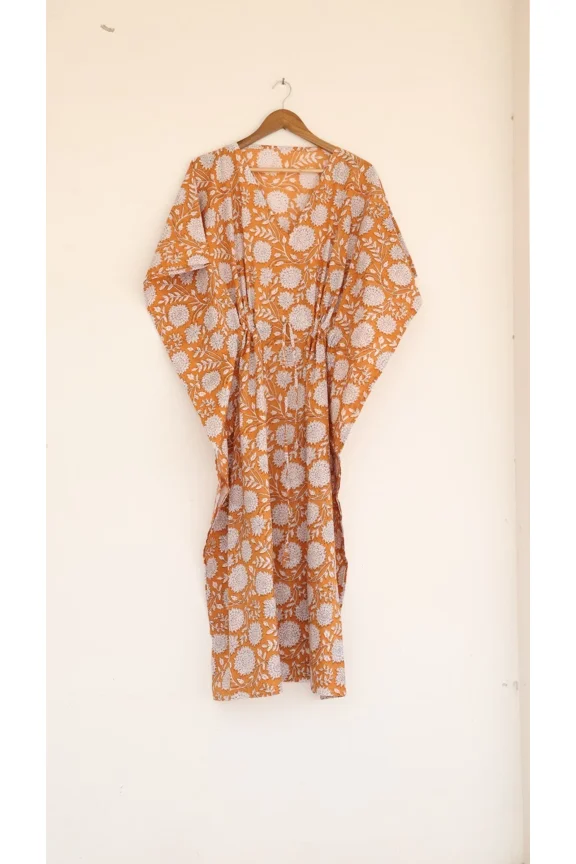Summer Wear Bagru Print Cotton kaftan For Beach Cover Up, Indian Handmade Floral Cotton Kaftan, Summer Cotton Kaftan, Women Dress