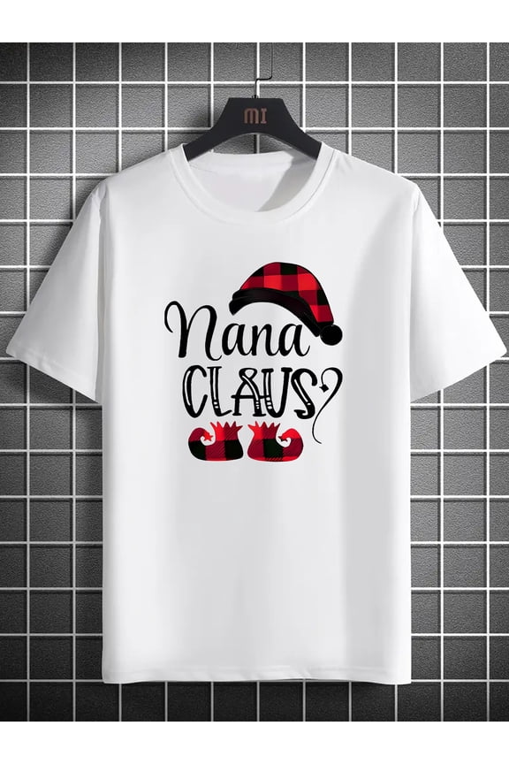 Summer Wear, Geometric Pattern, Slightly Stretch, Santa Hat 'Nana Claus?' Print Men's Fashion Casual T-Shirt | Knitted polyester fabric | Regular Fit | Round Neck | Short Sleeve