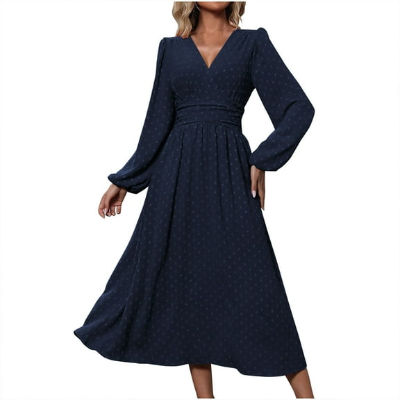Summer Wedding Guest Dress Womens Chiffon Cocktail Maxi Dress, Long Sleeve V Neck Chiffon A-Line Flowy Wedding Guest Dresses Summer Wedding Guest Dresses for Women Dark Blue XXL