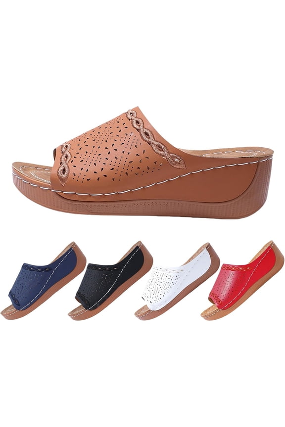 Summer Wedge Sandals for Women 2026 Platform Comfortable Arch Support Slides PU Leather Wedge Shoes Slip On Walking Sandals