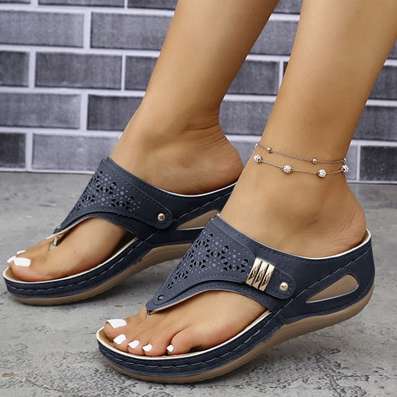 Summer Wedge Slippers Sandales for Womens Plus Size Casual Spring Solid Color Thong Wedge Heel Flip Flops