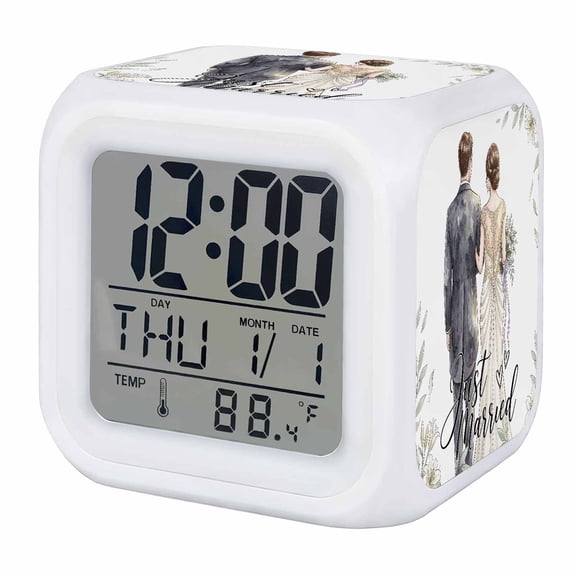 Summer Weeding Digital Alarm Clock for Bedrooms, Smart LED Alarm Clock with 7 Color Changing Night Light, Just Married Flowers Leaves Branches Silent Wake Up Clocks for Sleep Study Cooking 3.2"x3.2"