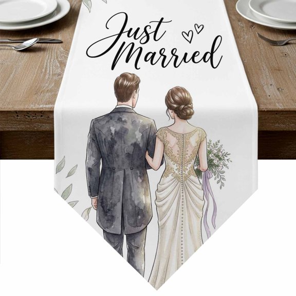 Summer Weeding Table Runner Linen Burlap Table Runner 36 Inches Small Just Married Flowers Leaves Branches Dresser Scarves for Kitchen Island Coffee Dining Room Party Holiday Decoration 13"x36"