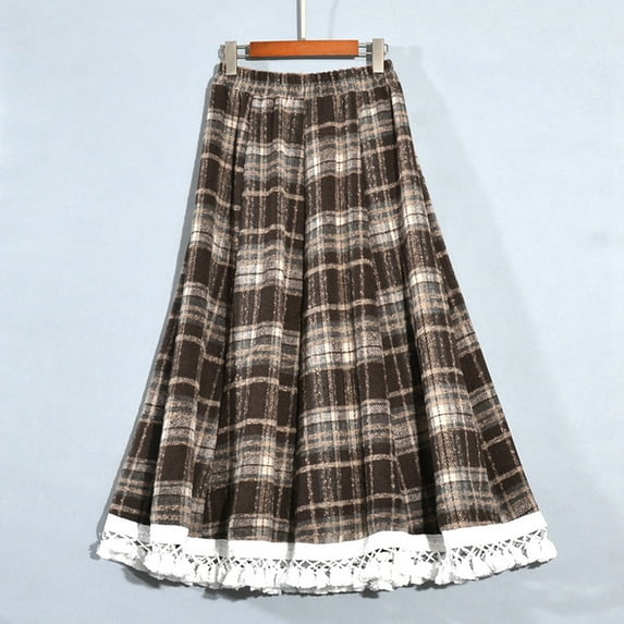 Summer Weekly Deal kttectoa Lace High Elasticity Layered Pleated Wool Skirt Flowy Skirt Plaid Print Skirts Elastic Mid Waist Mid-Length Skirt for Womens Casual Casual Daily Wear
