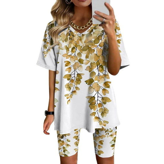 Summer Weekly Deal kttectoa Loose Soft Flowy Pajamas Suit Vacation Outfits for Women Floral Print V-Neck Short Sleeve Elastic Waist Shorts Outfits for Womens Casual Daily Wear