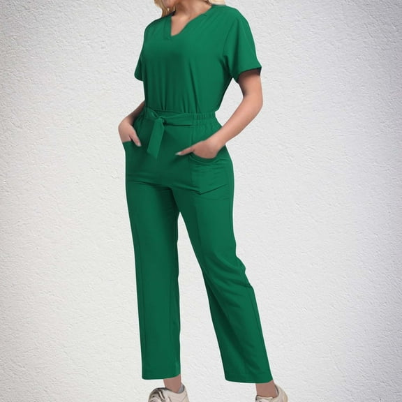Summer Weekly Deal kttectoa Nurse Uniform Sets with Pockets Women Clothing Solid Round Neck Short Sleeve Drawstring Pants Two Piece Sets for Ladies Casual Daily Wear