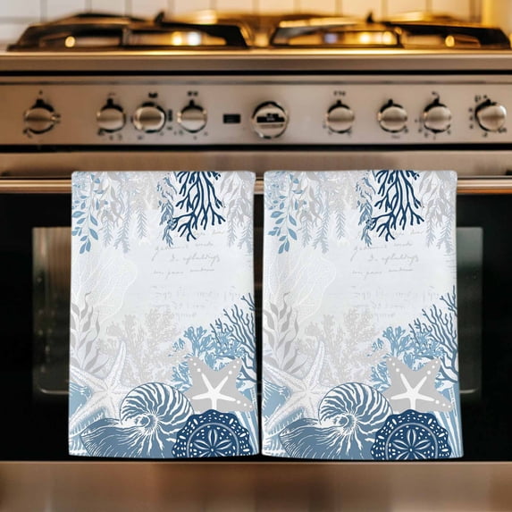 Summer Weeping Corals Kitchen Towels Set of 1, Coastal Beach Starfish Conch Lake Blue Absorbent Dish Towels for Kitchen, Microfiber Hand Towel, Quick Drying Tea Towel for Cleaning Dishcloths