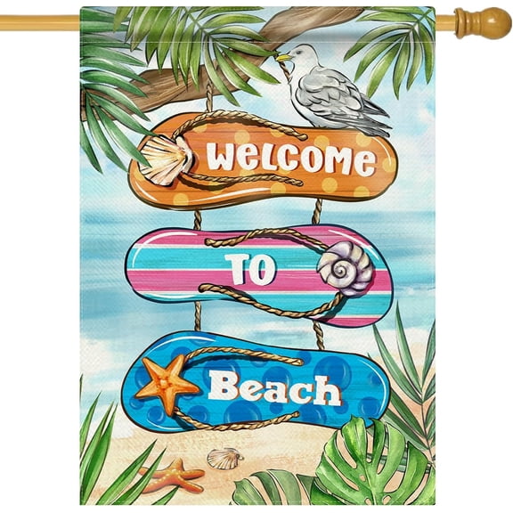 Summer Welcome To Beach Flip Flops Decorative House Flag, Coastal Tropical Palm Leaves Seagull Garden Yard Outside Decorations, Hawaii Nautical Outdoor Large Home Decor Double Sided 28 x 40