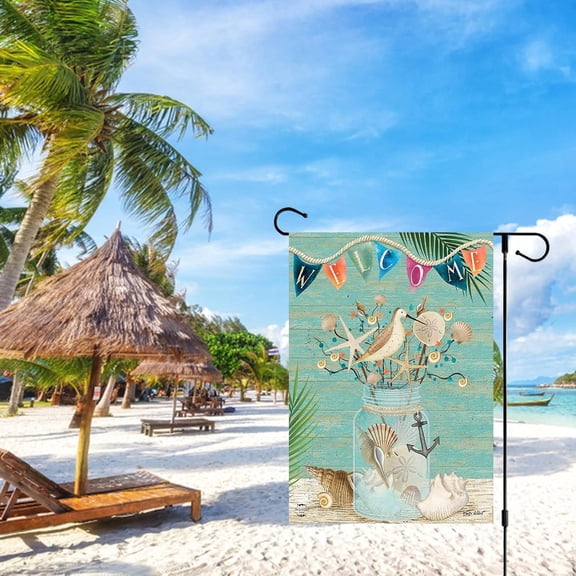 Summer Welcome Beach Garden Flag 12x18 Inch Mason Jar Seashell Starfish Yard Flag for Outside Coastal Farmhouse Lawn Porch Holiday Decor