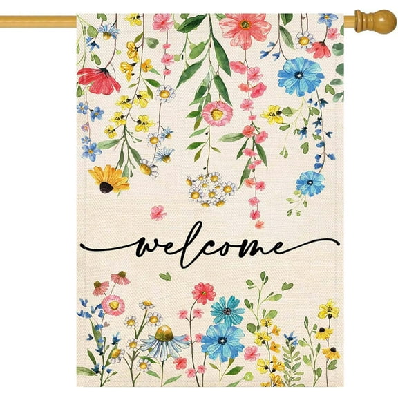 Summer Welcome Floral House Flag 28x40 Inch Double Sided Summer Large Yard Flag Spring Outside Outdoor Seasonal Burlap Flowers Flags Home Patio Decoration