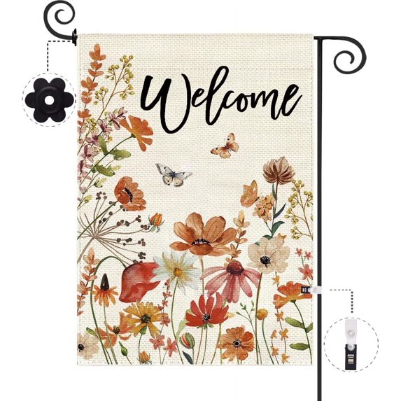 Summer Welcome Floral House Flag Spring Summer Florals Leaves Double Sided Large Yard Flag Heavy Duty Seasonal Flowers Butterfly Outdoor Outside Patio Decoration 12.5 x 18Inch