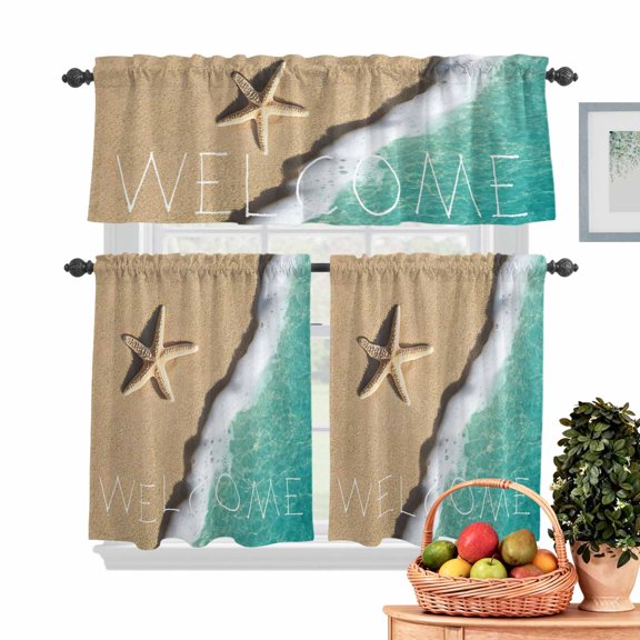 Summer Welcome Kitchen Curtains Valances 3 Piece Set, Teal Beach Seaside Wave Starfish Coastal Rod Pocket Tier Curtain and Valance Drapes for Small Window 36 Inch Length for Bedroom Cafe